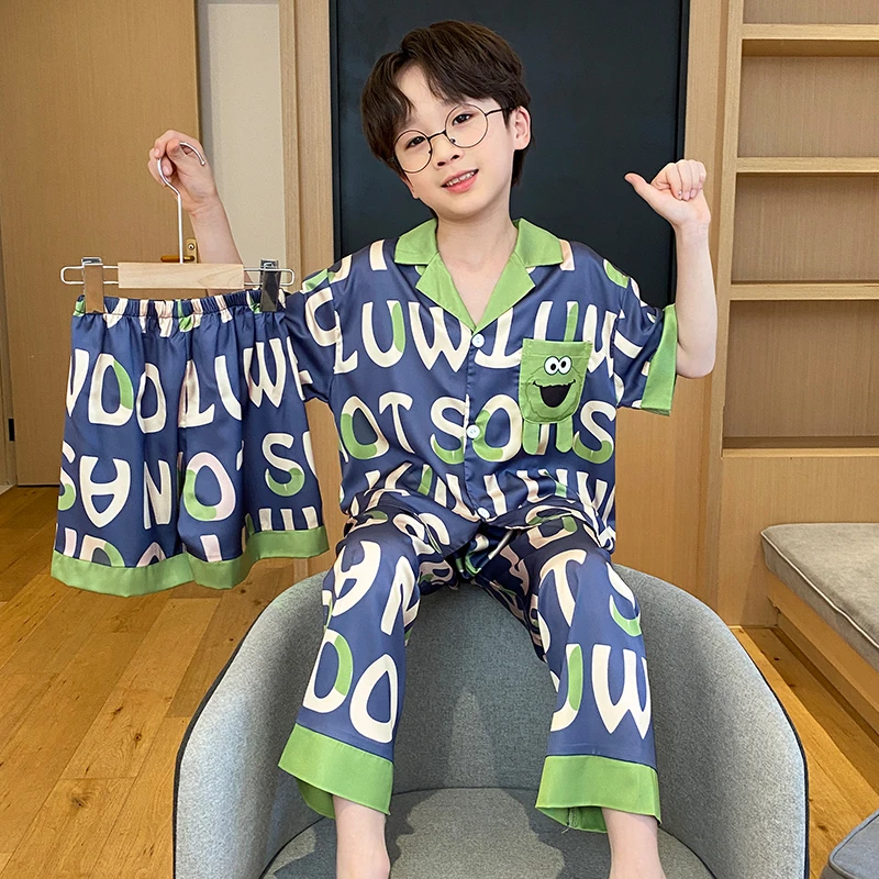 男童睡衣夏季新款儿童冰丝短袖中大童8-15岁卡通小男孩亲子家居服