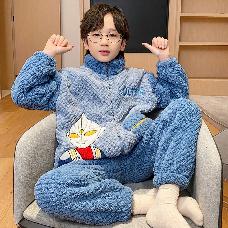 男童新款冬季儿童珊瑚绒睡衣加厚中大童男孩法兰绒卡通家居服套装