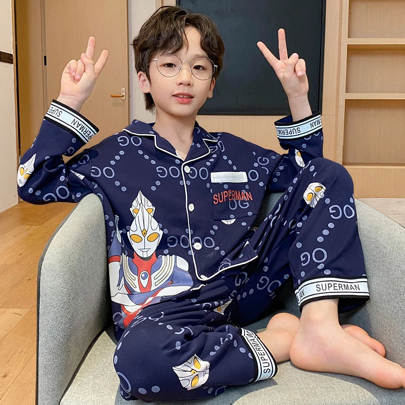 男童睡衣春秋季棉长袖薄款套装6-12岁中大童小男孩洋气亲子家居服