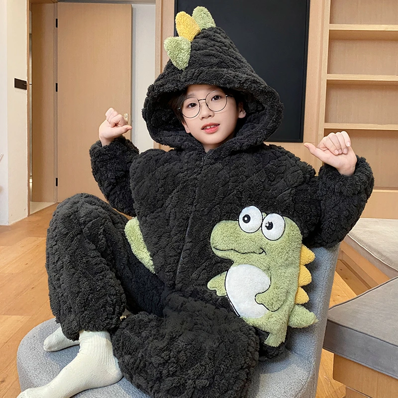 冬季儿童睡衣法兰绒三层夹棉保暖套装加绒加厚男童洋气亲子家居服