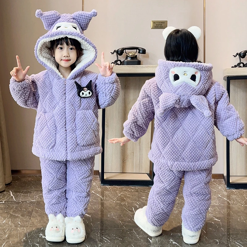三层夹棉法兰绒女童睡衣冬季儿童加绒加厚套装卡通洋气连帽家居服