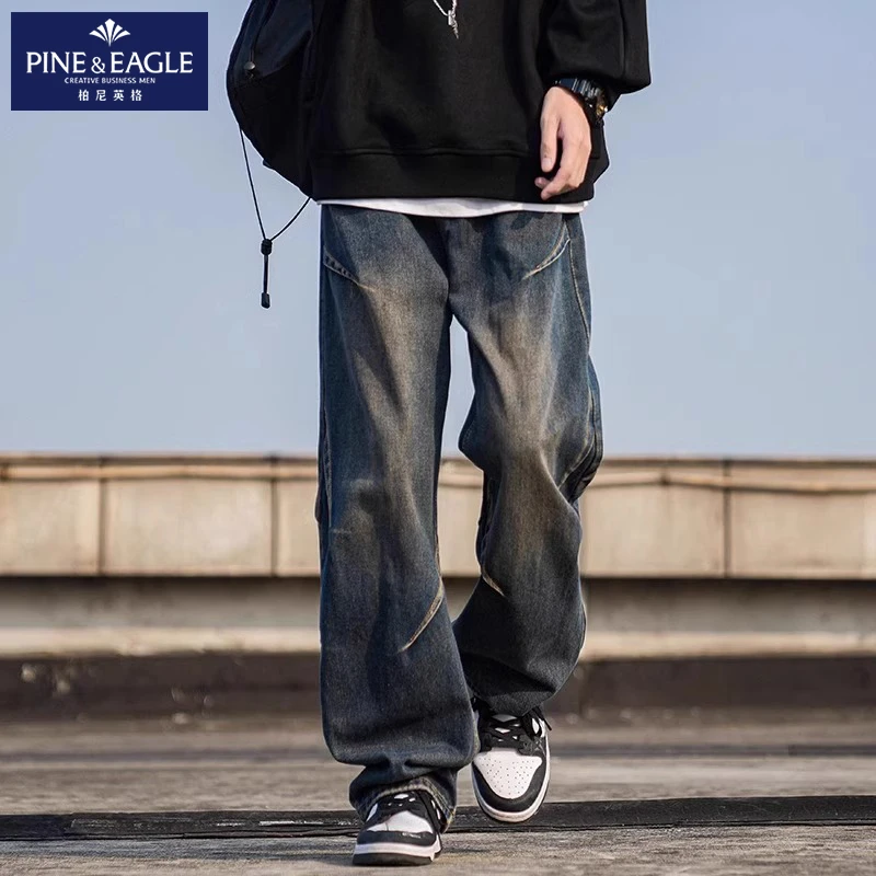 柏尼英格美式复古牛仔裤男士高街宽松阔腿青少年潮牌直筒工装裤男