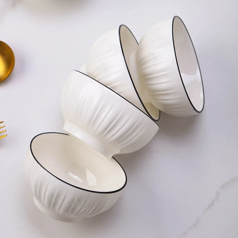 纯色黑边4.5英寸条纹饭碗2/6只装 欧式经典简约陶瓷防滑米饭碗