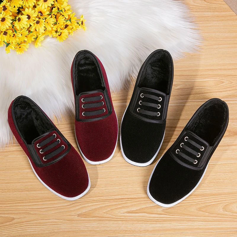 老北京布鞋男女款灯芯绒透气黑色保暖棉鞋中老年红色平跟软底女鞋