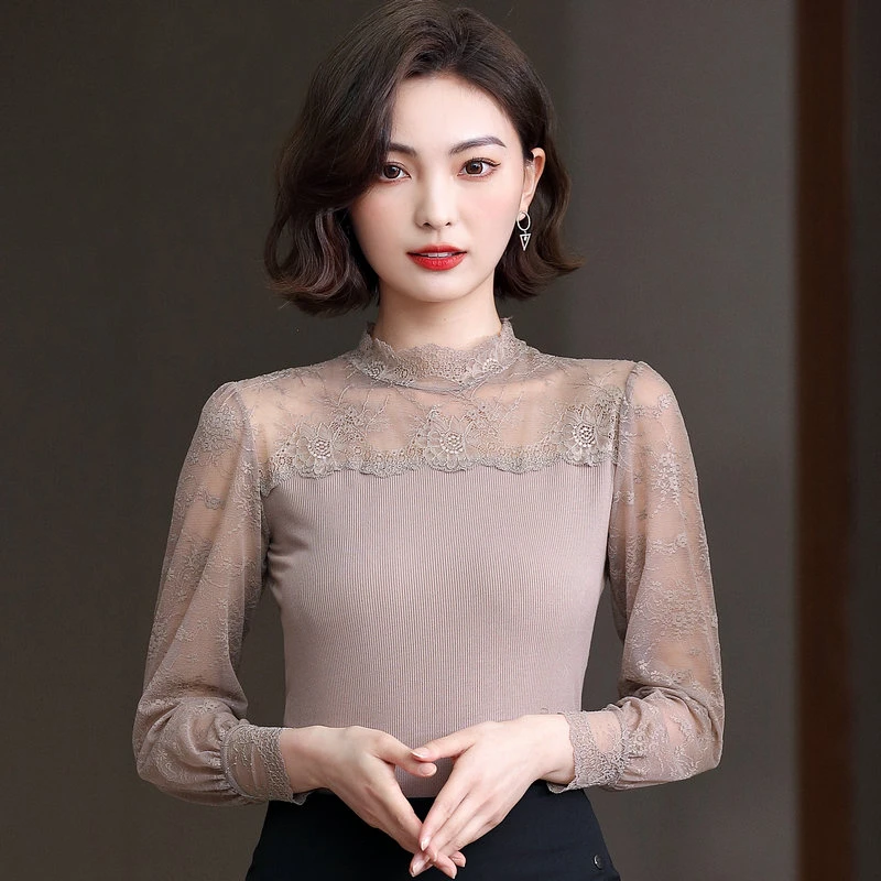 半高领蕾丝打底衫新款春秋时尚莫代尔小衫洋气修身显瘦女内搭上衣