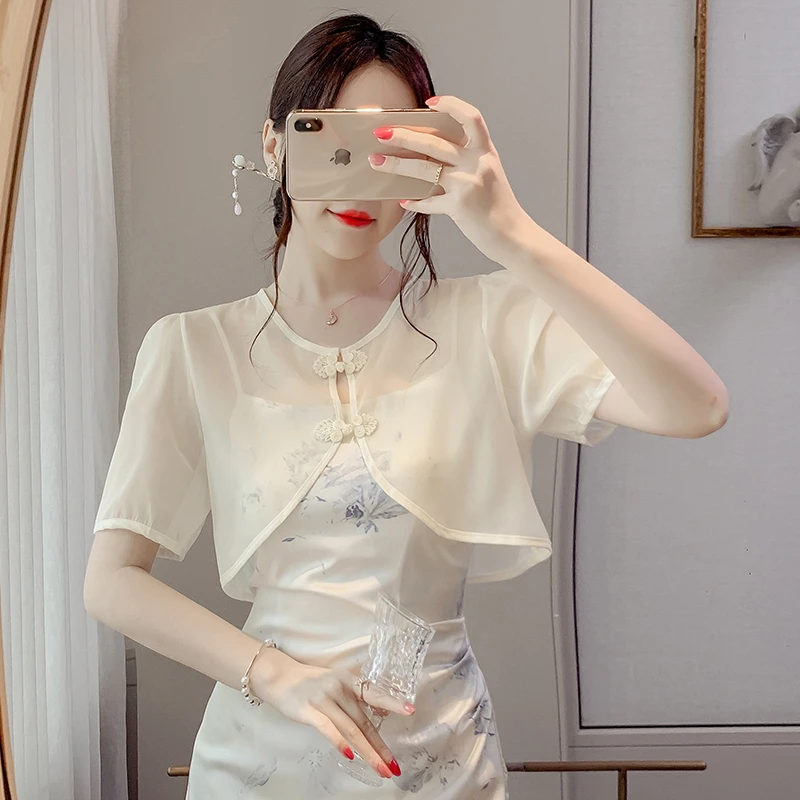 新中式国风防衣女夏季薄款吊带裙外搭小披肩罩衫不规则短袖上衣