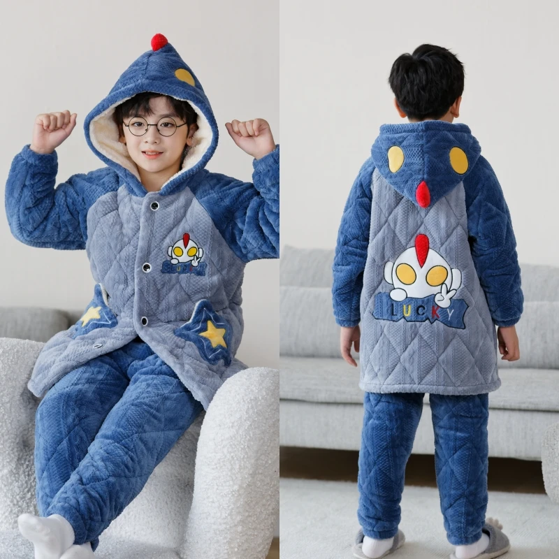 儿童睡衣秋冬季加厚款男童珊瑚绒三层夹棉法兰绒中大孩家居服套装