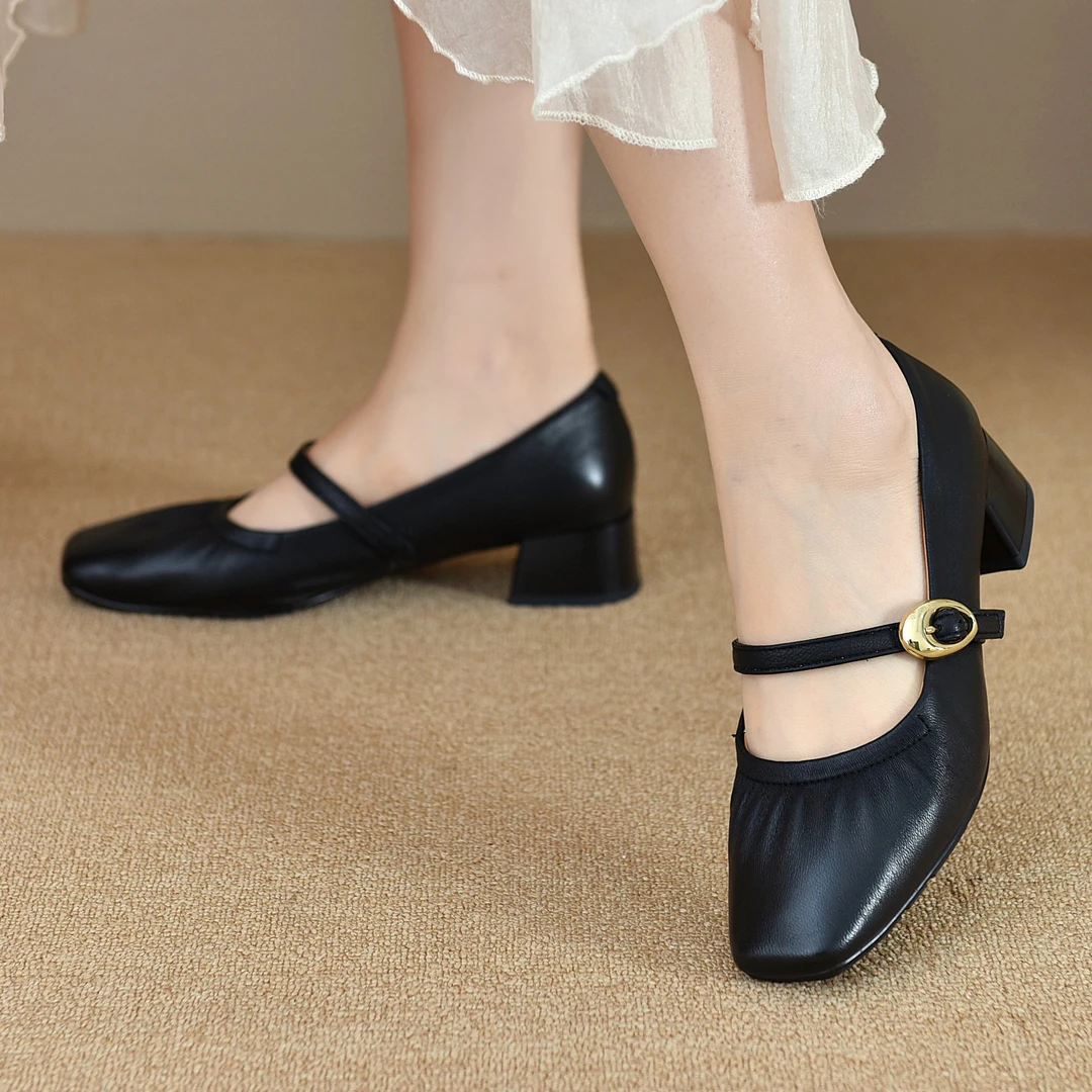90056新款时尚舒适软底低跟春秋头层羊皮玛丽珍鞋