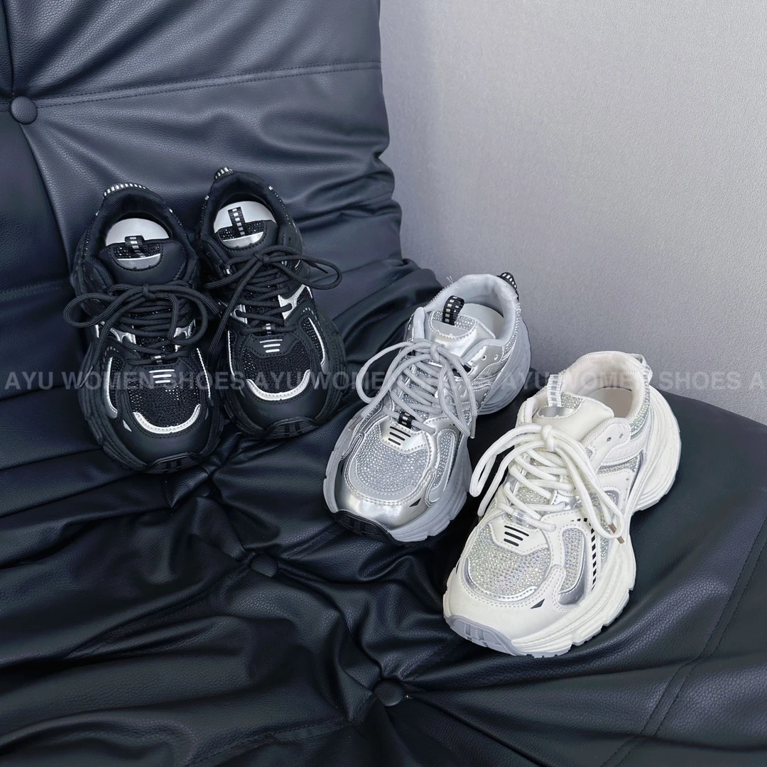 【AYU】2024秋季新款水钻厚底炸街老爹鞋网面透气增高休闲运动女鞋