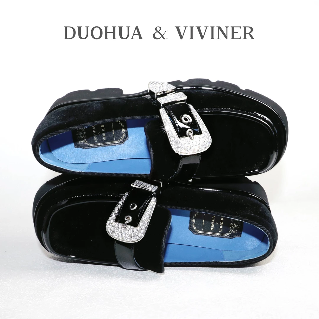 DUOHUA & VIVINERDV黑色厚底丝绒乐福鞋2024秋冬新款增高英伦风