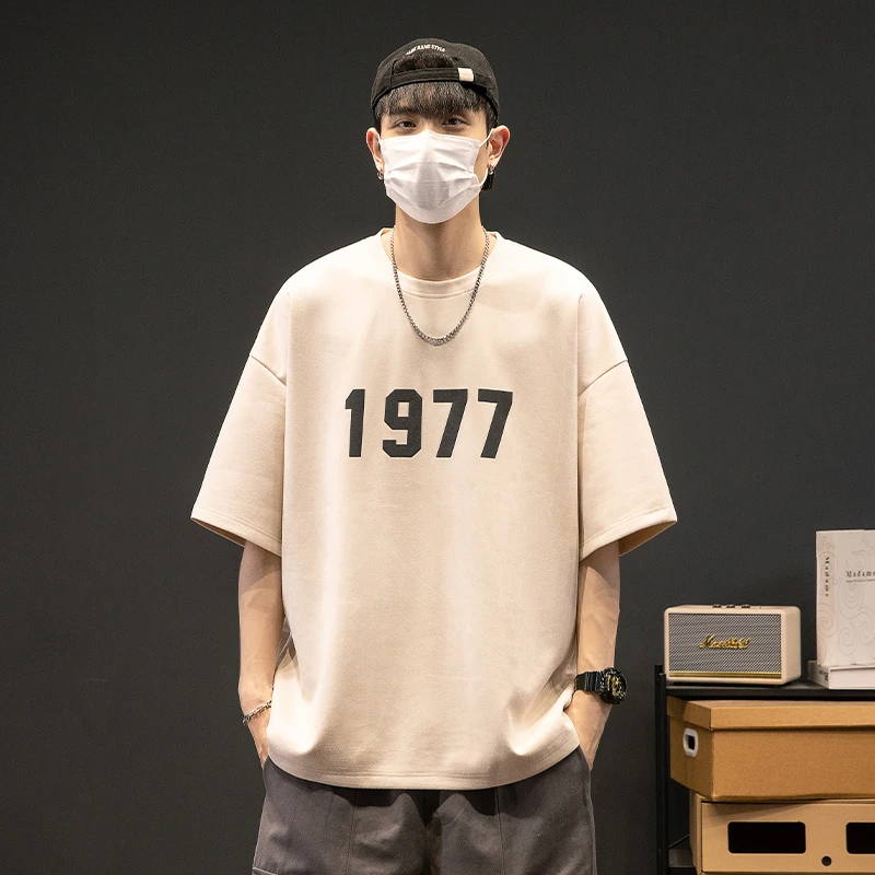 1977短袖T恤男士2023新款重磅麂皮绒宽松夏季潮流美式高街五分袖