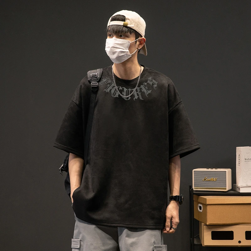 麂皮绒短袖t恤男士夏季圆领宽松体恤休闲潮牌日系半袖上衣服印花