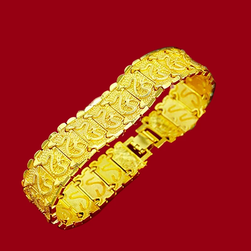 合金手链 男款气质时尚百搭古法霸气素款龙纹手链经典不掉色金色