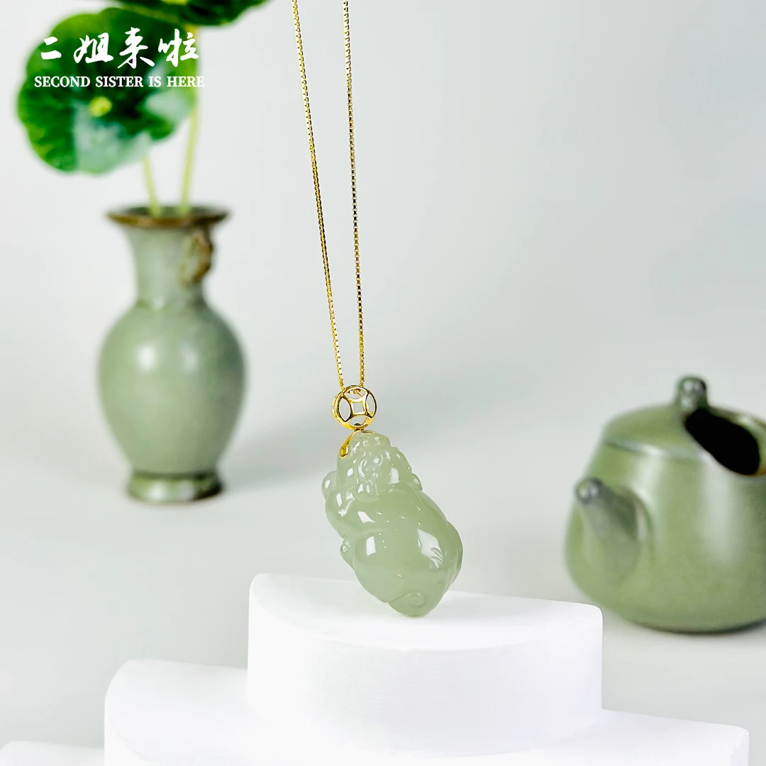 【舒貅】RJ珠宝 和田玉貔貅吊坠 18K金镶嵌   （天然和田玉多样性发）
