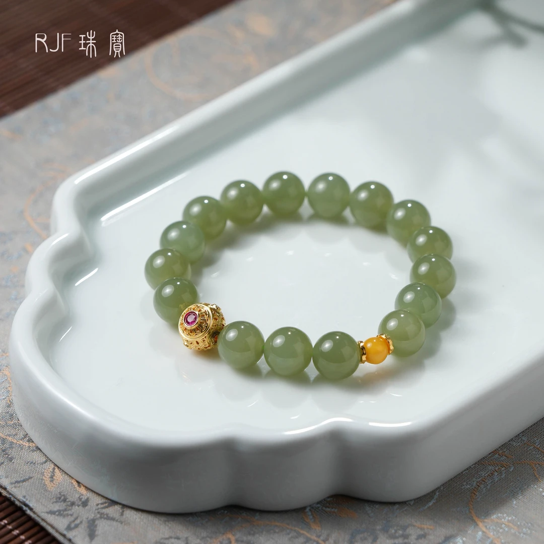 RJF【清予】金镶嵌和田玉晴水单圈手串轻奢设计男女情侣款