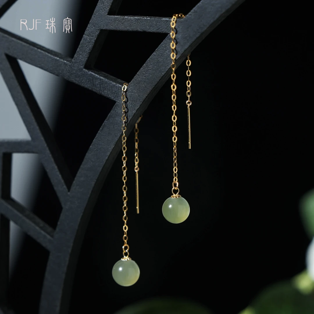 RJF【雨疏】和田玉耳线 冰光感+品质绝+金
