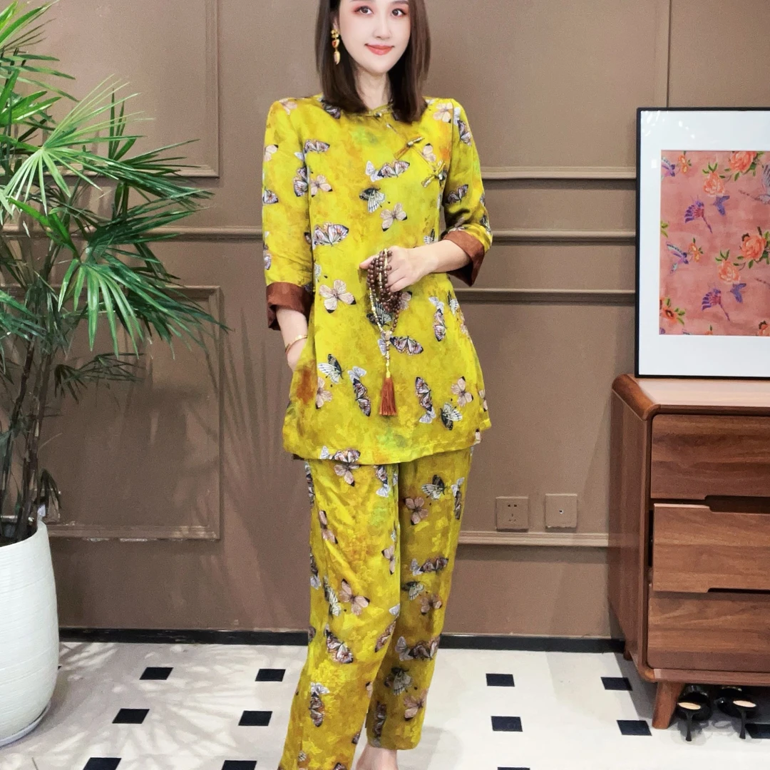KESHE-早秋新款新中式显瘦上衣+长裤两件套2024复古套装女