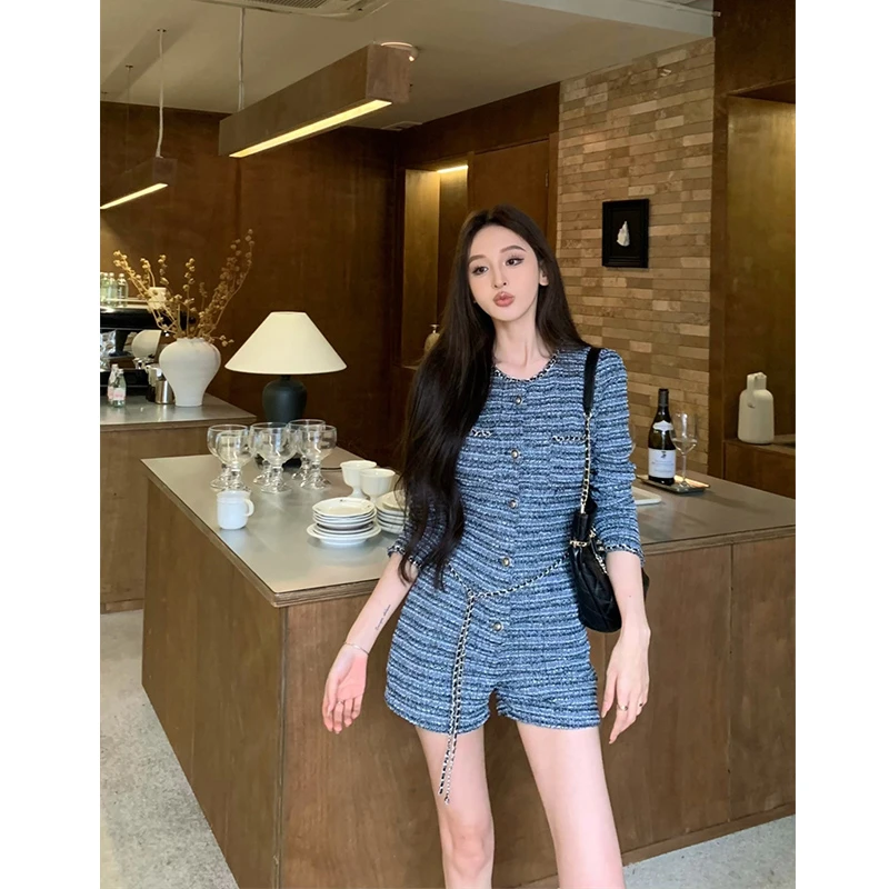 2024秋季新品设计感时髦气质小香风修身显瘦长袖连体高腰短裤女