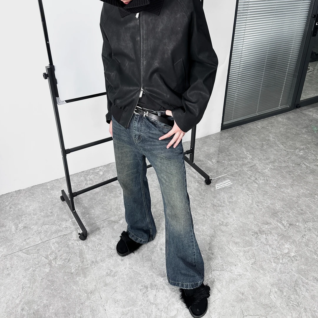 H1c「墨感灰蓝」复古做旧脏洗纯棉高腰修身微喇叭牛仔裤长裤