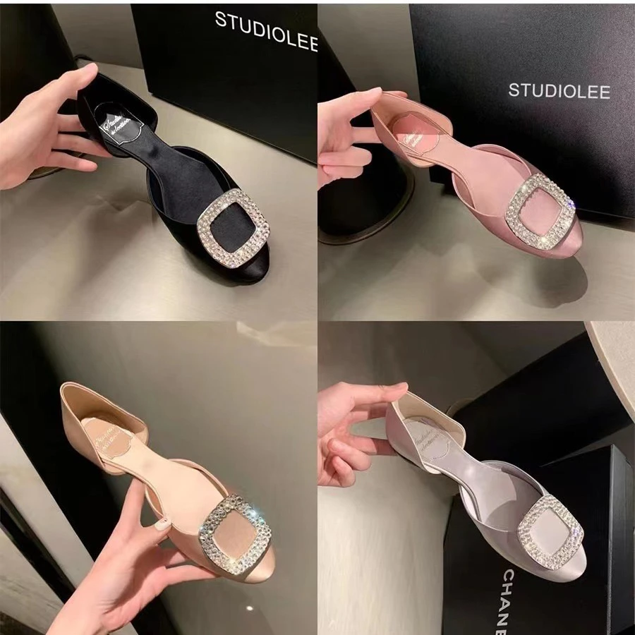 【平底鞋】R新款时尚仙女圆头方钻饰rv浅口中空平底单鞋鞋子女款