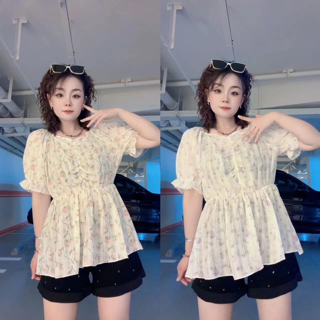 【不退换】瑕疵品 欧货【碎花珍珠纱上衣】小衫 PQD 7097