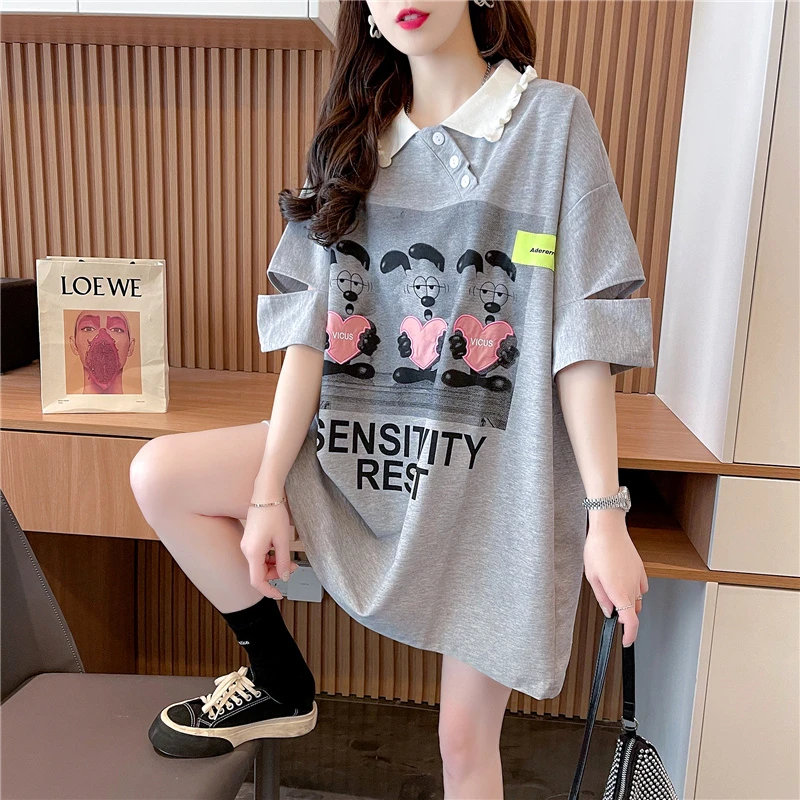 2025夏季新款大码宽松学生设计感POLO翻领中长款短袖T恤女士上衣