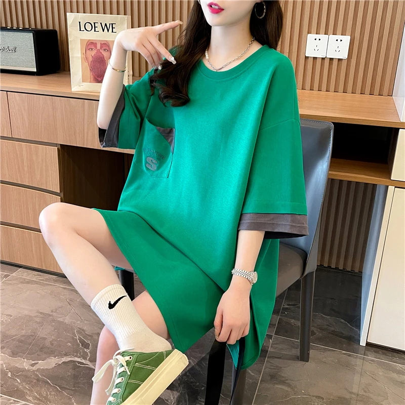 纯棉2024夏季新款大码女装设计拼色圆领刺绣短袖T恤女半袖上衣潮