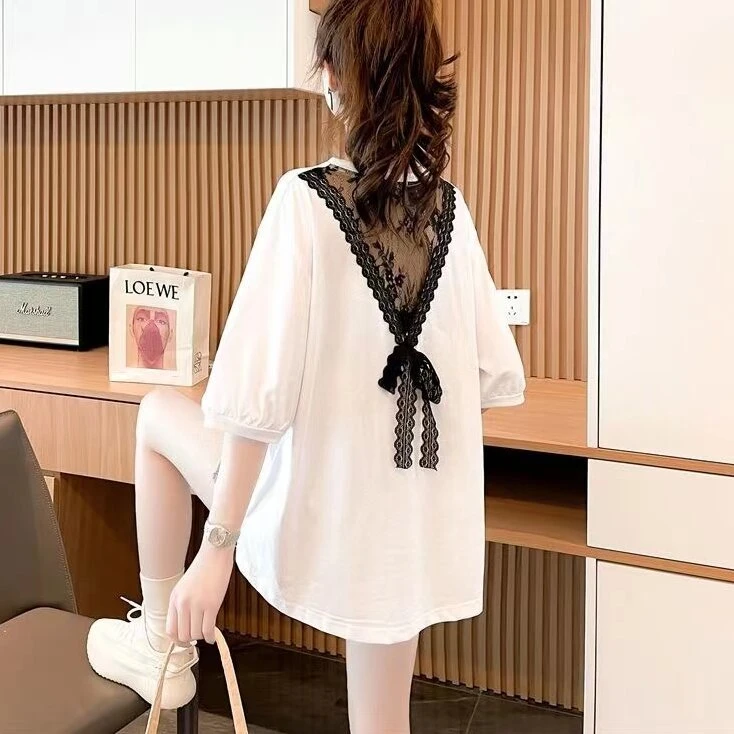 纯棉蝴蝶结露背短袖T恤女2025夏季新款韩版蕾丝绑带半袖上衣服潮