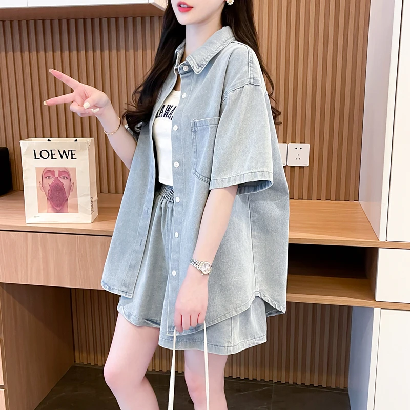 慵懒风复古甜辣风牛仔衬衫短裤两件套女2025春夏新款宽松休闲套装