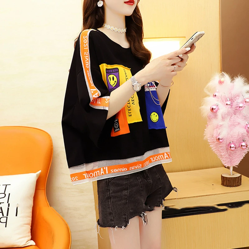 纯棉2025夏季新款设计感拼色圆领短袖T恤女大码慵懒风半袖上衣潮