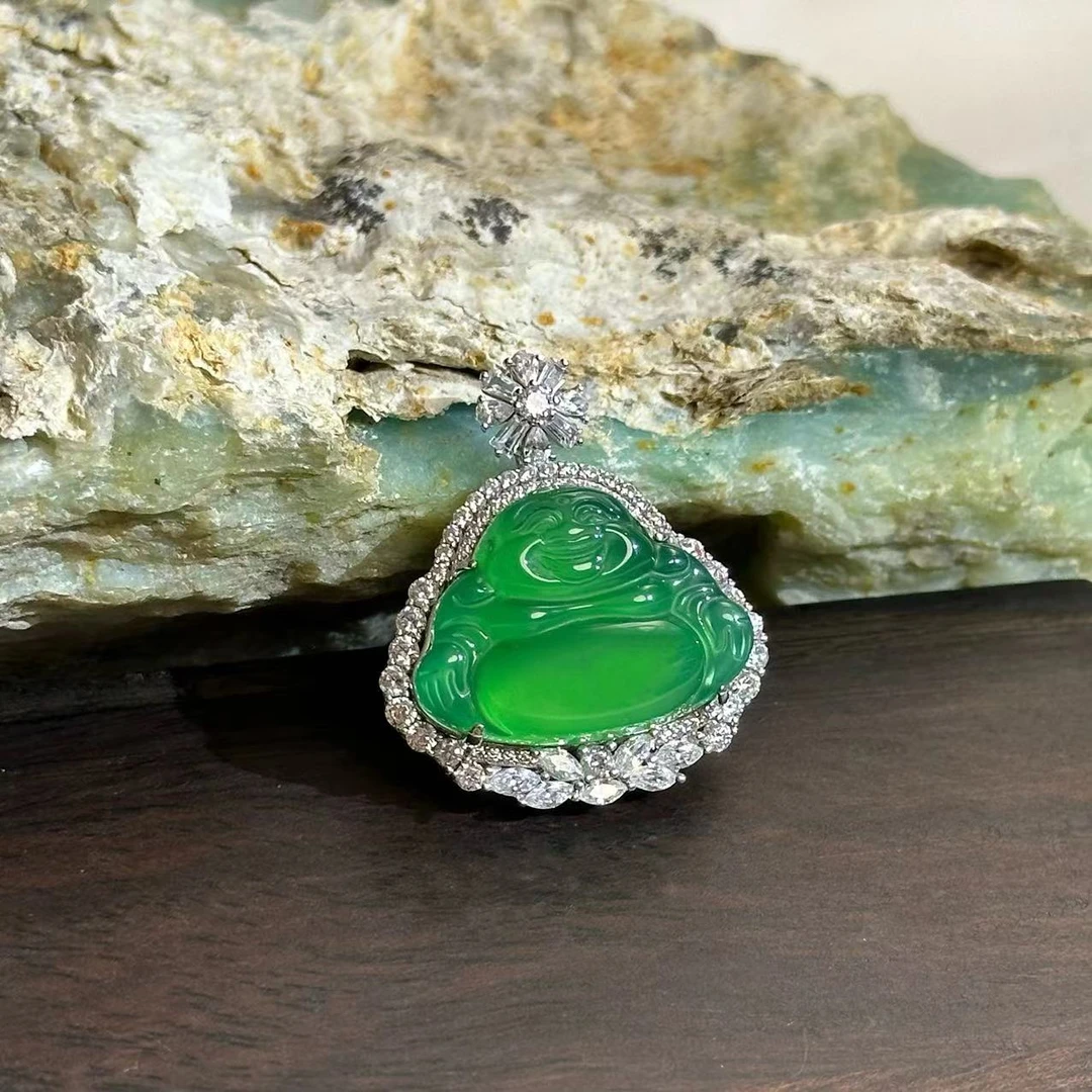 吊坠925银合成锆石 银925镀金镶嵌绿轻奢佛公吊坠时尚