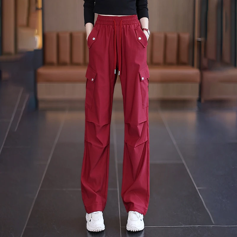 红色美式工装裤女秋季直筒裤2024新款春秋高腰宽松阔腿速干休闲裤