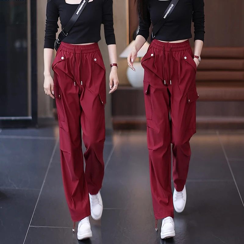 美式安可拉红色阔腿工装裤女春秋款2024新款宽松直筒休闲长裤子女
