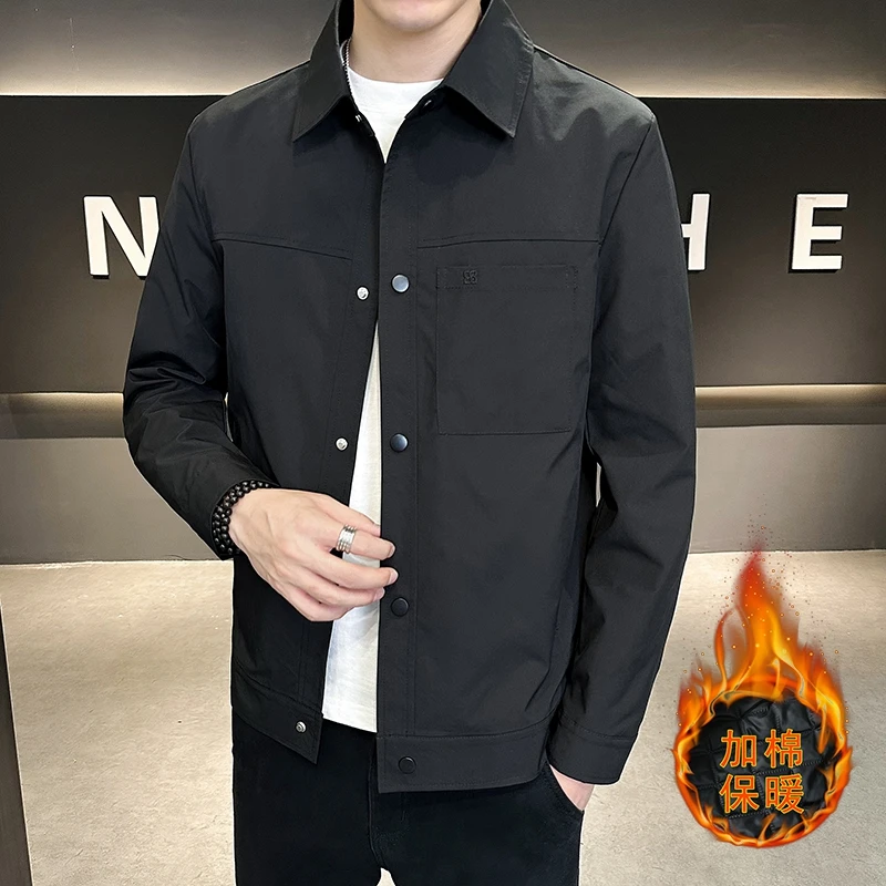 2024年秋冬夹克加棉外套男士保暖夹克百搭潮流加厚帅气翻领修身