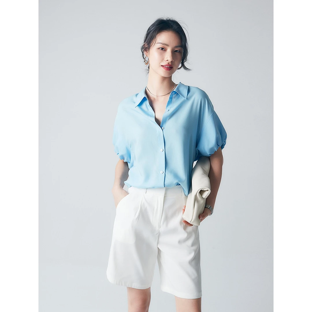 初棉全天丝复古法式灯笼袖衬衣薄款廓形短袖衬衫343604009