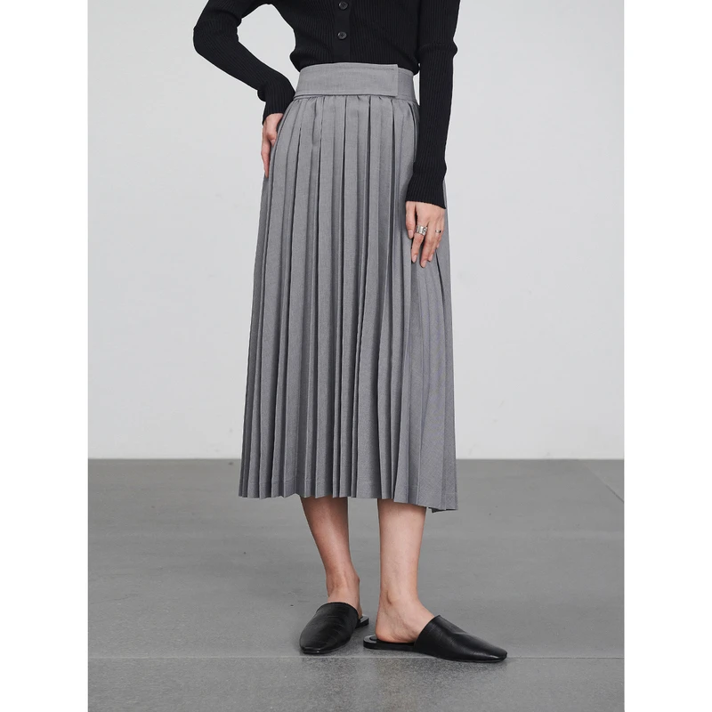 初棉重工百褶裙垂感宽腰a字过膝裙336617015