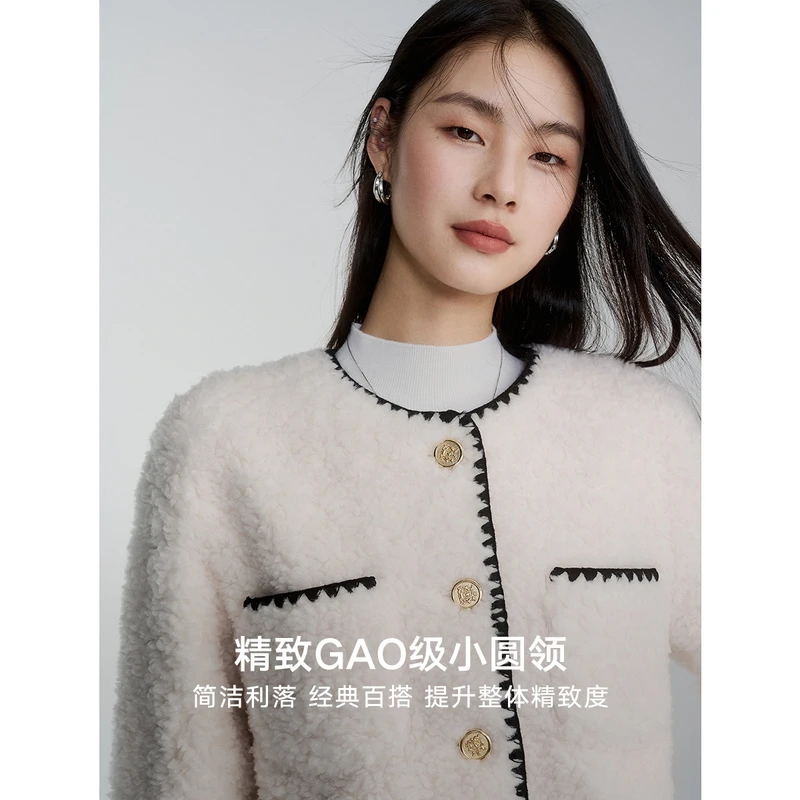 初棉小香风气质贝壳花边小短款羊毛颗粒外套毛绒333666016