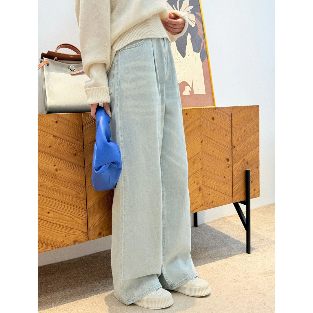 初棉太显瘦了！高腰阔腿褶裥时髦水洗拖地裤全棉牛仔裤352619007