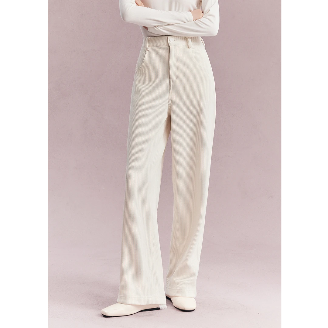 初棉灯芯绒高腰拖地裤雪糕裤白色秋冬休闲裤 357618006