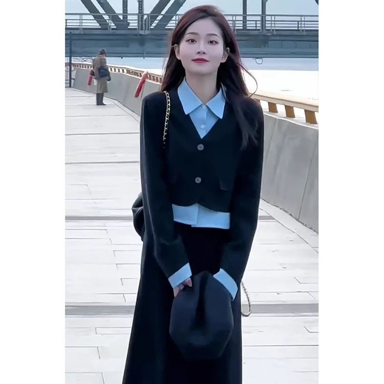 韩版拼色衬衫领西装外套半身裙套装减龄显瘦裙子职业两件套 8102