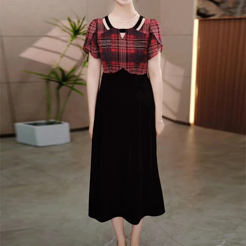 时尚高档气质连衣裙2025夏季新款通勤修身显瘦收腰拼接假两件长裙