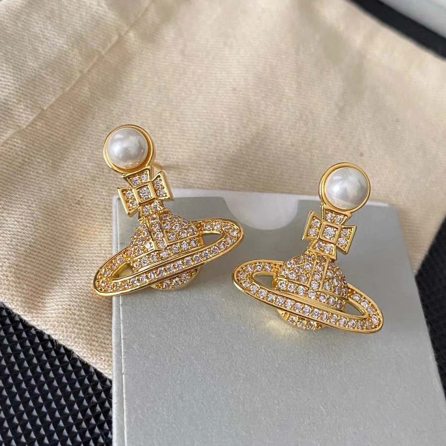 铜合金合成锆石耳饰 K0320轻奢高级小众设计时尚百搭土星耳钉