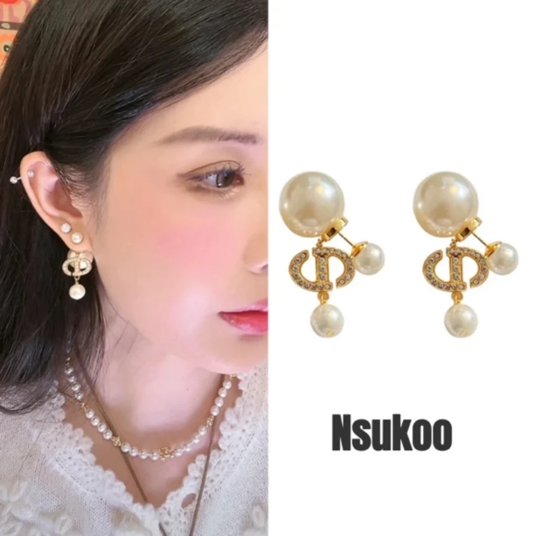 铜合金合成锆石耳饰 K0232轻奢高级小众设计前后戴珠珠耳钉