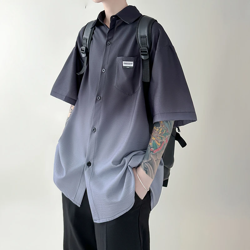 渐变色衬衫男短袖夏季凉感冰丝衬衣外套oversize肌理感褶皱上衣服