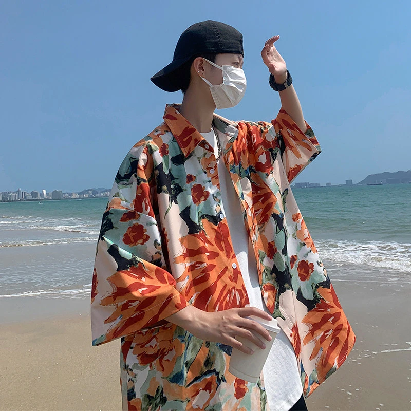 夏威夷短袖花衬衫男夏季冰丝薄款oversize宽松痞帅高级感潮流外套