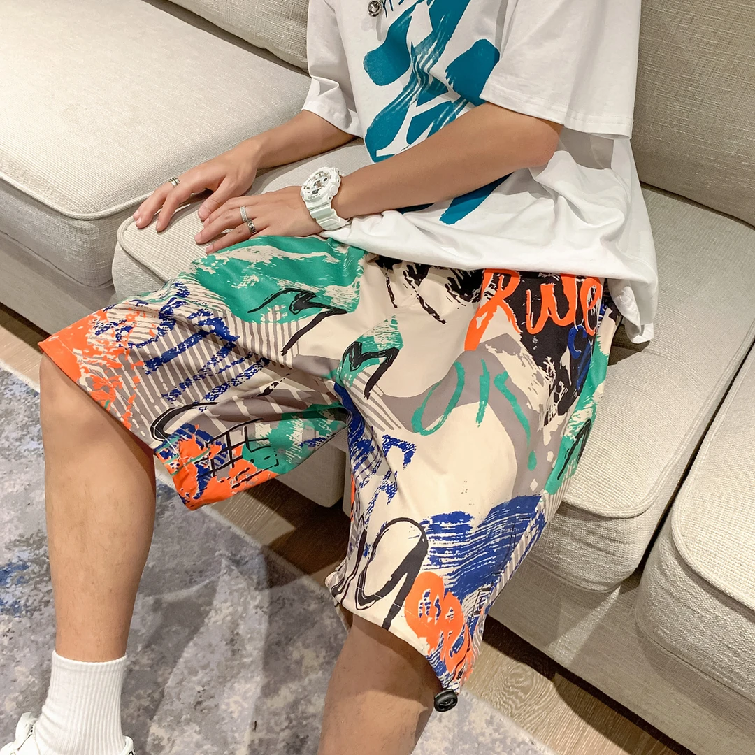休闲碎花沙滩短裤男士韩版潮流大码五分裤夏季薄款宽松透气阔腿裤