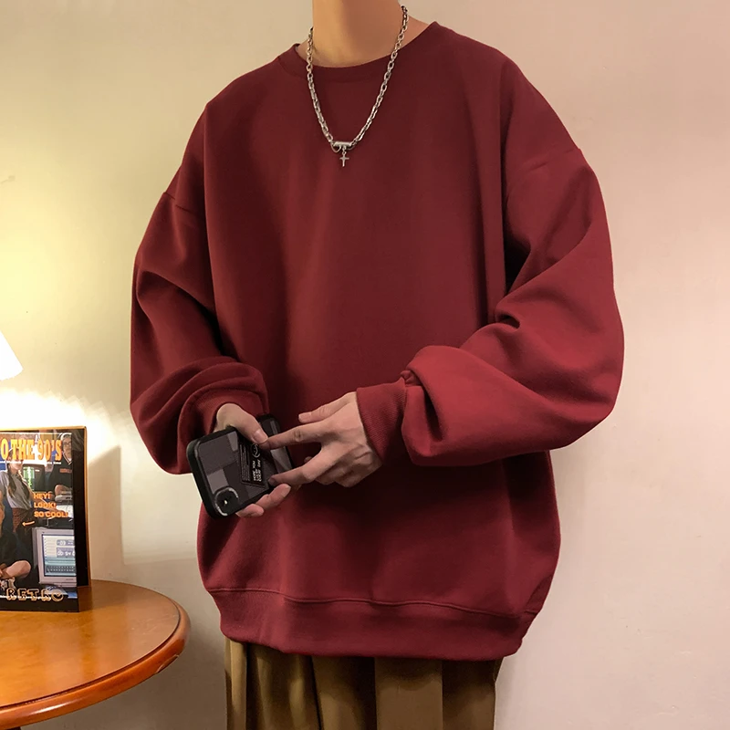 酒红色重磅圆领卫衣男秋秋新款硬挺套头衫oversize纯色复古上衣服