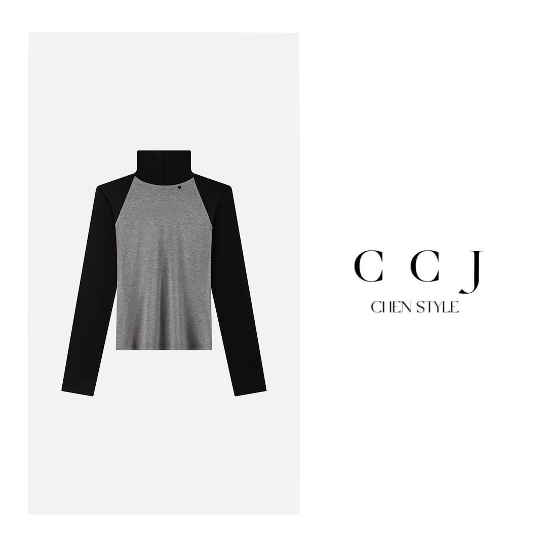 楚楚君~【高阶打底】Y36201 拼色高领休闲打底上衣