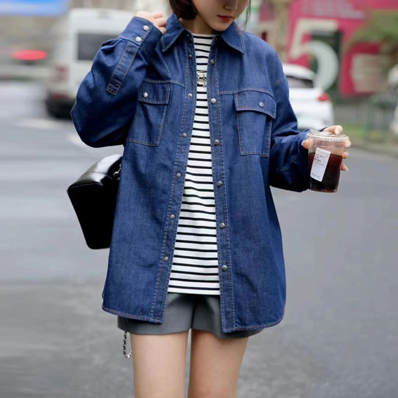 【商场同款】春秋百搭翻领廓形长袖牛仔衬衫外套袁衣都舍5300971