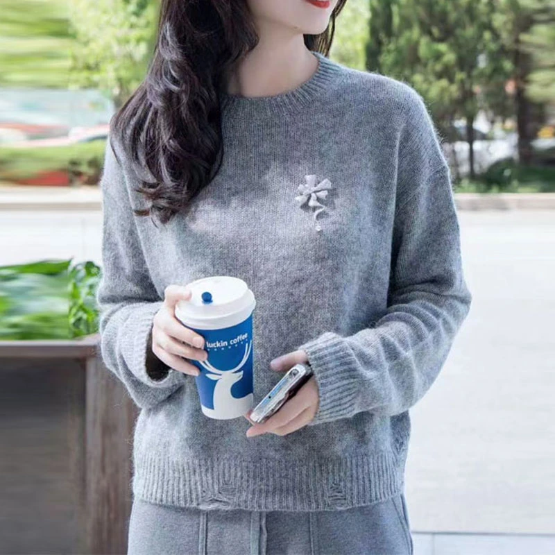 【商场同款】秋冬百搭圆领套头破洞纯色长袖针织衫袁衣都舍打底